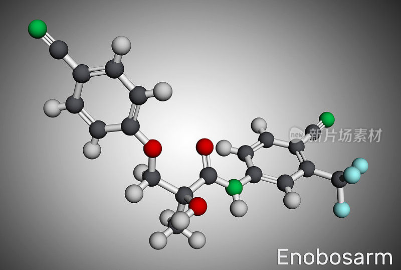 Enobosarm, ostarine分子。它是具有合成代谢活性的非甾体药物，选择性雄激素受体调节剂SARM。分子模型。三维渲染